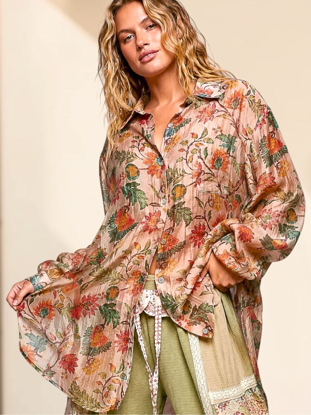POL Oversized Taupe Floral Button Down Shirt Boho Tunic Lightweight Top NEW